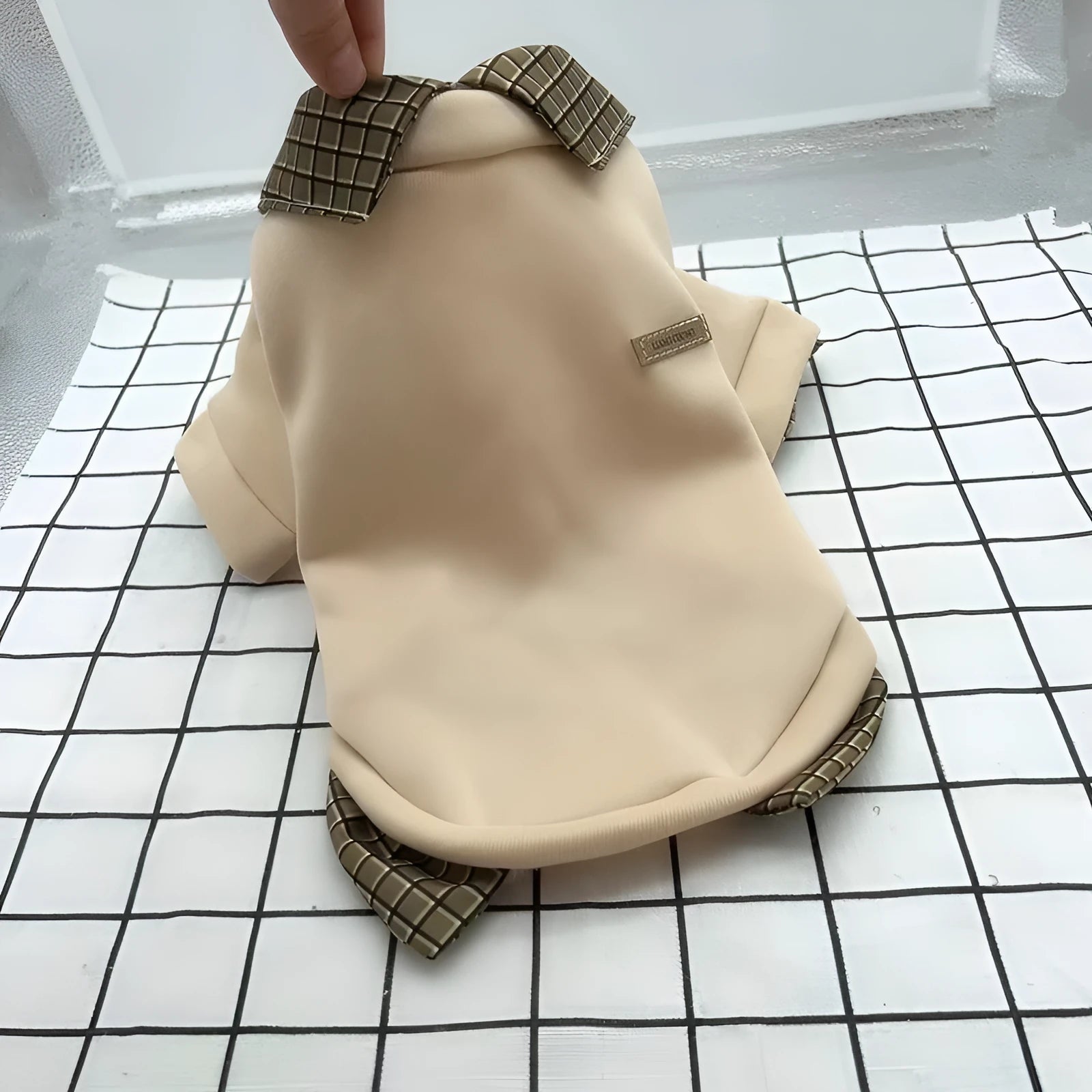 Fake two-piece collar thin velvet dog sweater with detachable hood in beige, grey, or dark grey, sizes XS-XL