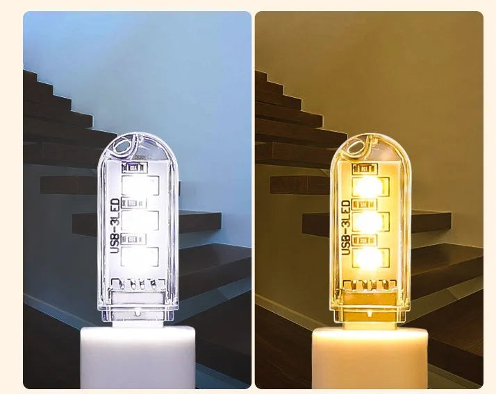Compact LED night light with USB cable showing white and warm light colour options