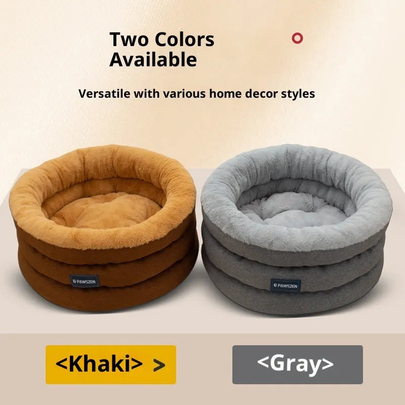 Round thickened dog bed in brown flannel linen with raised rim, small size 48x22cm