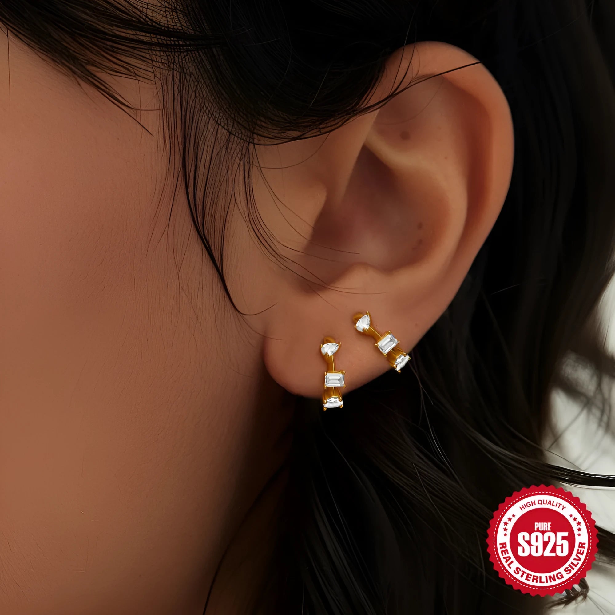 Sterling silver geometric stud earrings with small round diamond drop in gold or silver finish