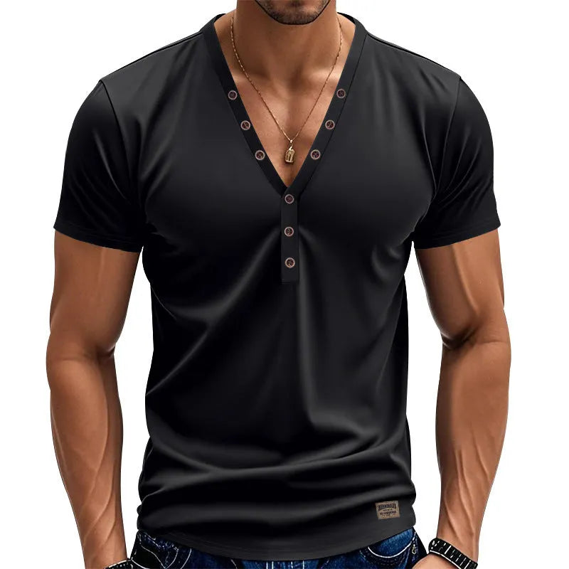 Men's loose fit V-neck pullover top with button design in chemical fibre blend fabric