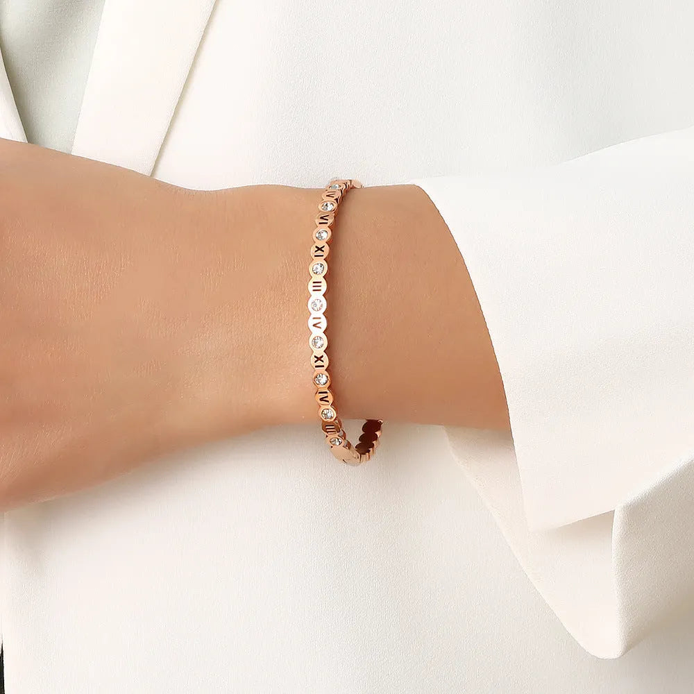 Korean style titanium steel bracelet with number details in gold, rose gold or steel colour