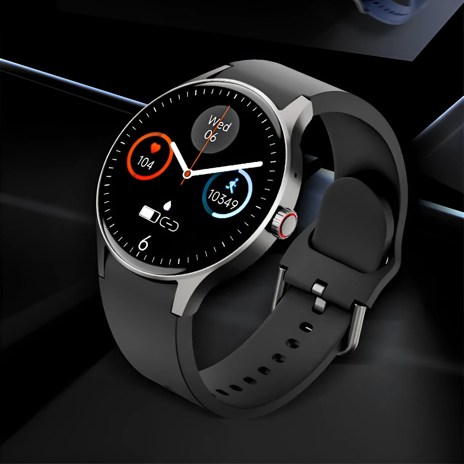 46mm smart sport watch with round colour touch screen shown in black, blue, pink, or red colours