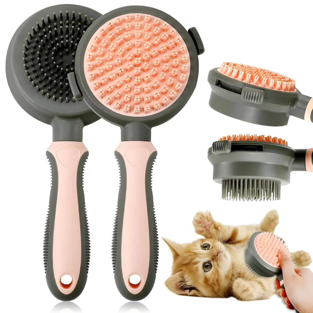 Green and pink double-sided cat brush with release button and flea comb for pet grooming