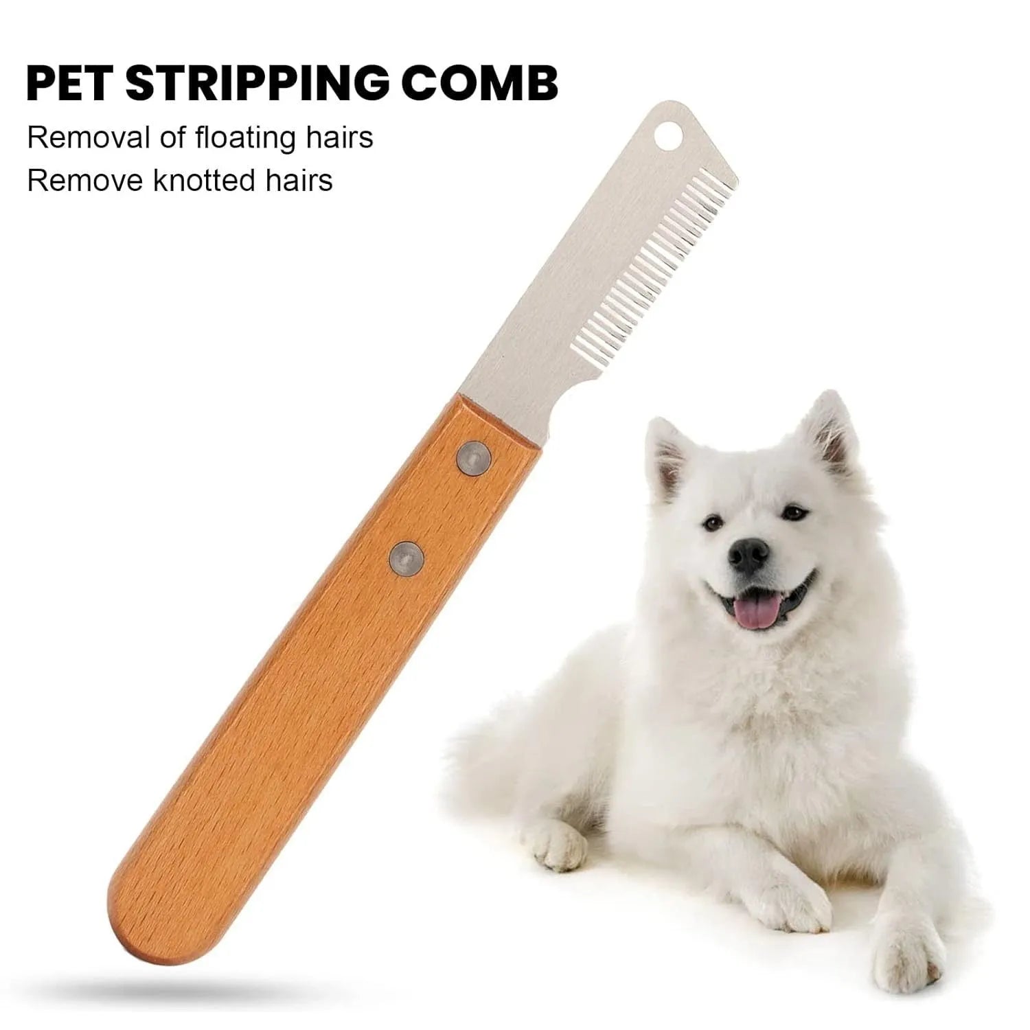 Dog stripping knife with wood handle for grooming long-haired pets in two size options