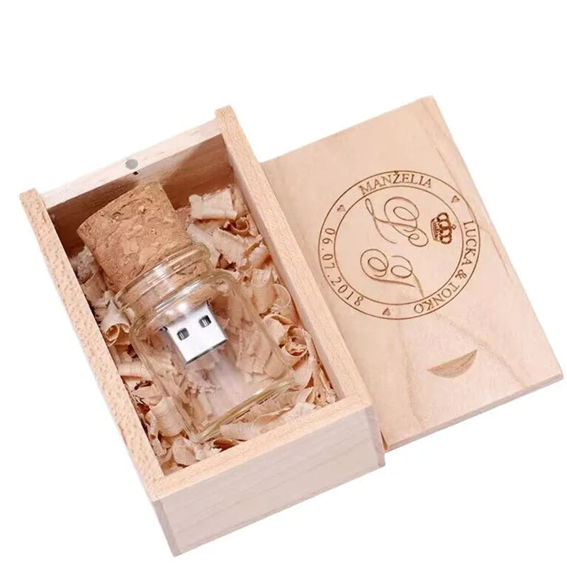 Wooden wish bottle USB flash drive with transparent design measuring 60mm by 28mm