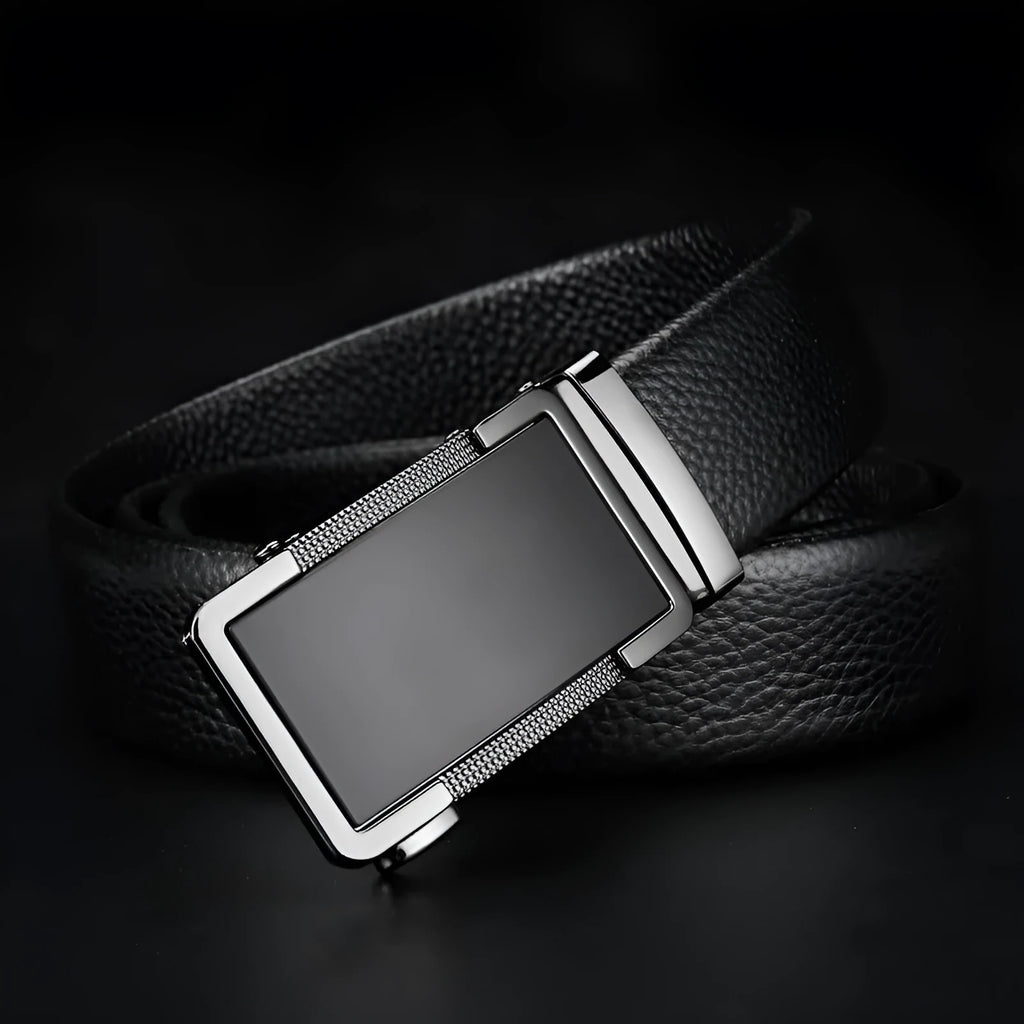 Men's leather automatic buckle belt in gun black, silver, or gold colour on a white background