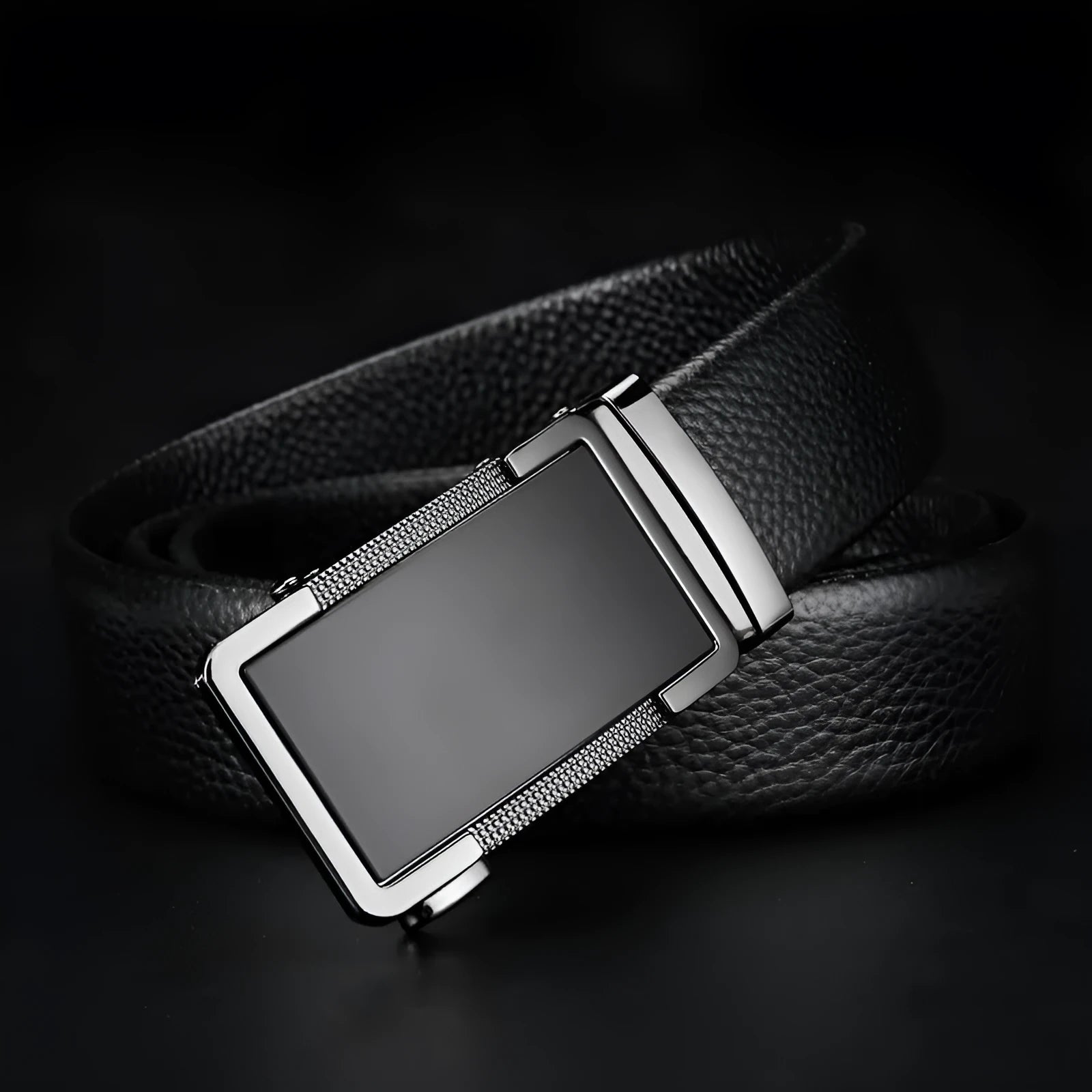 Men's leather automatic buckle belt in gun black, silver, or gold colour on a white background