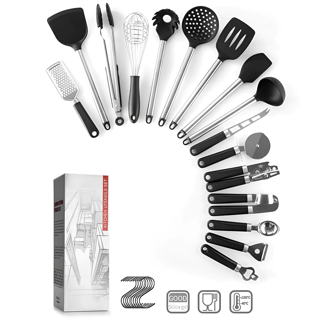 Black silicone kitchen utensil set of 16 pieces including spatulas and spoons on a countertop