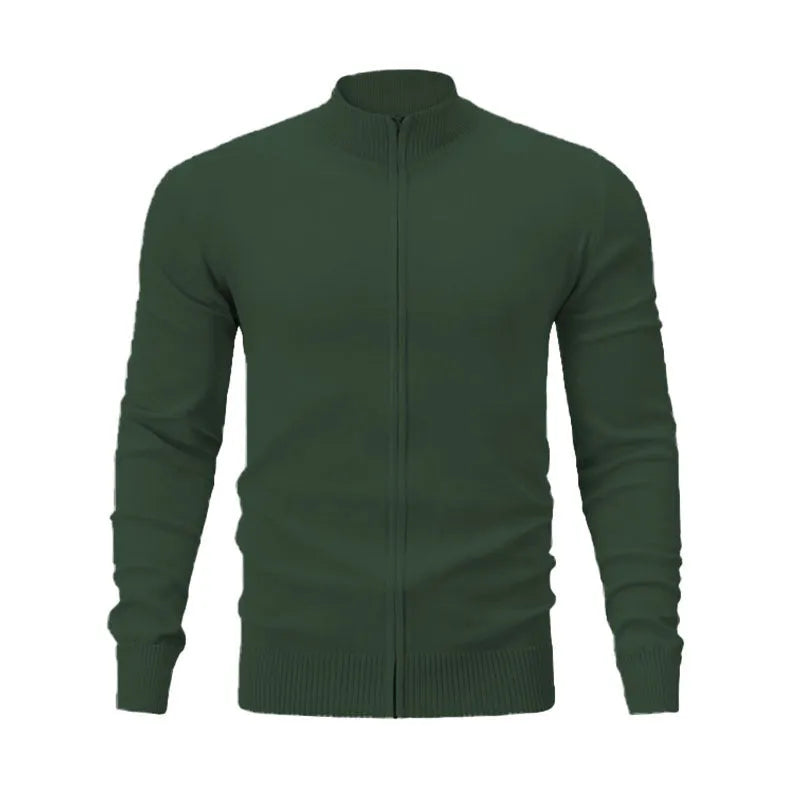 Men's zip-front cotton sweater with stand collar in solid colour options