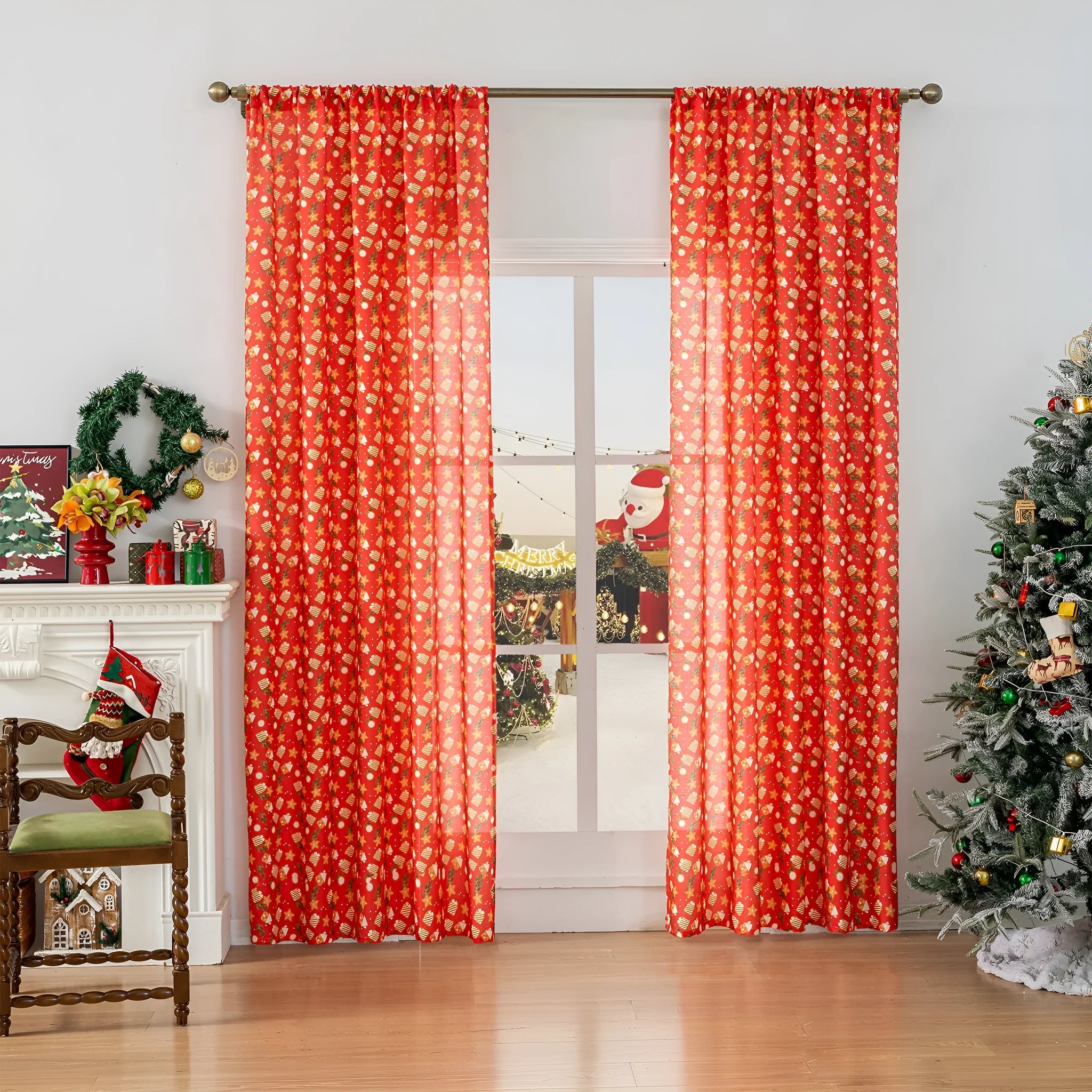 Green Christmas curtain with printed cartoon snowman and angel pattern, American style design