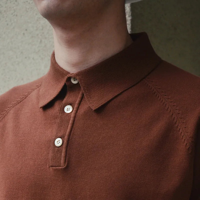 Retro slim fit knitted cotton short-sleeved T-shirt in dark brown solid colour