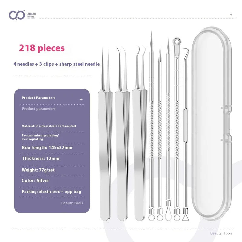 Four-piece stainless steel acne needle set with ultra-fine pointed tips and extraction clip on silver background