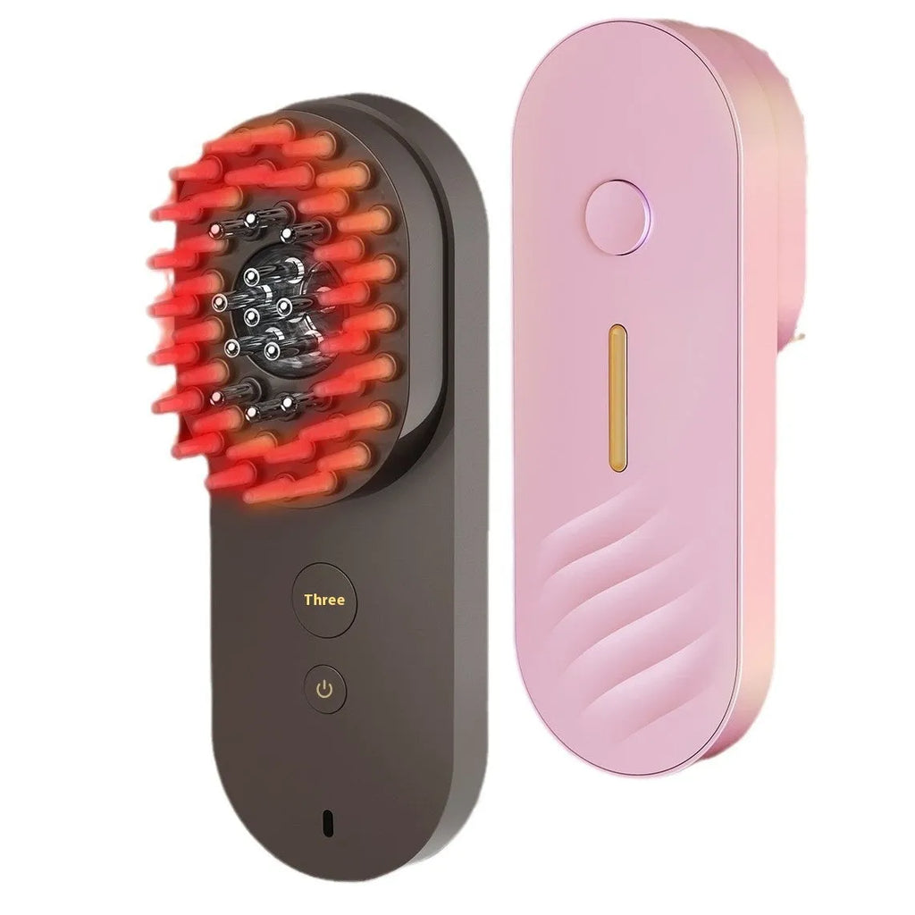 Pink and black smart massage comb with red light therapy for scalp care.