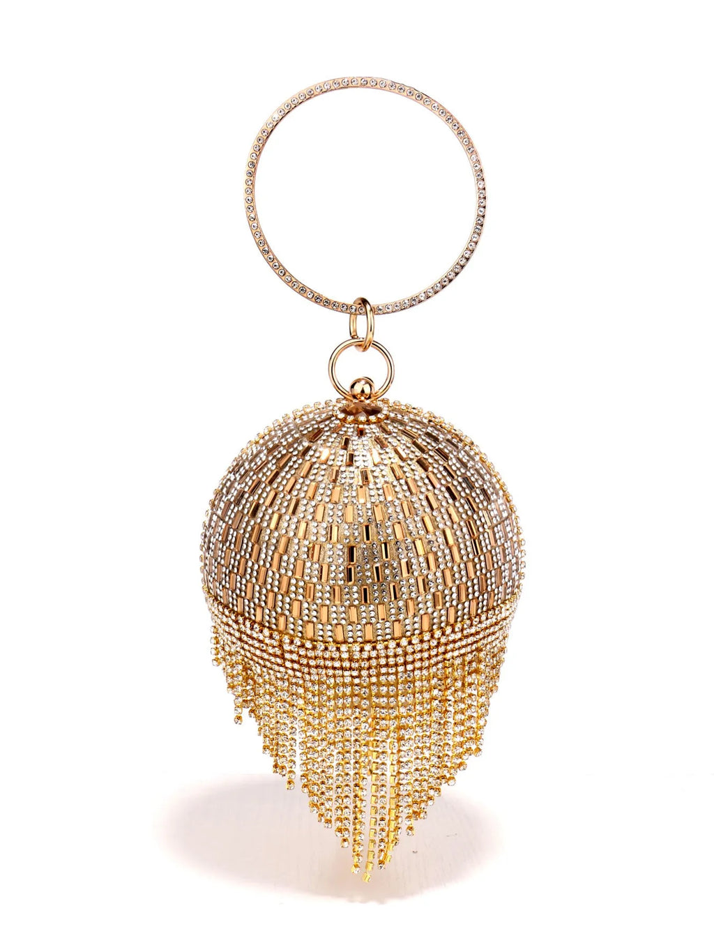 Shining rhinestone round tassel dinner bag in silver with polyester body and decorative tassel
