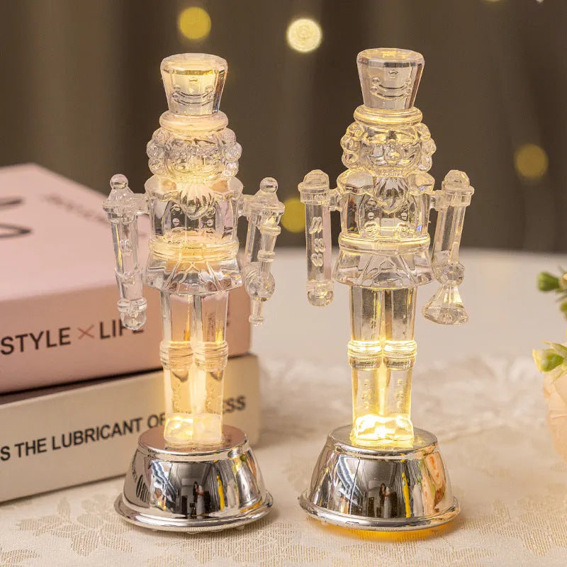 Transparent plastic soldier nutcracker Christmas decoration on desktop