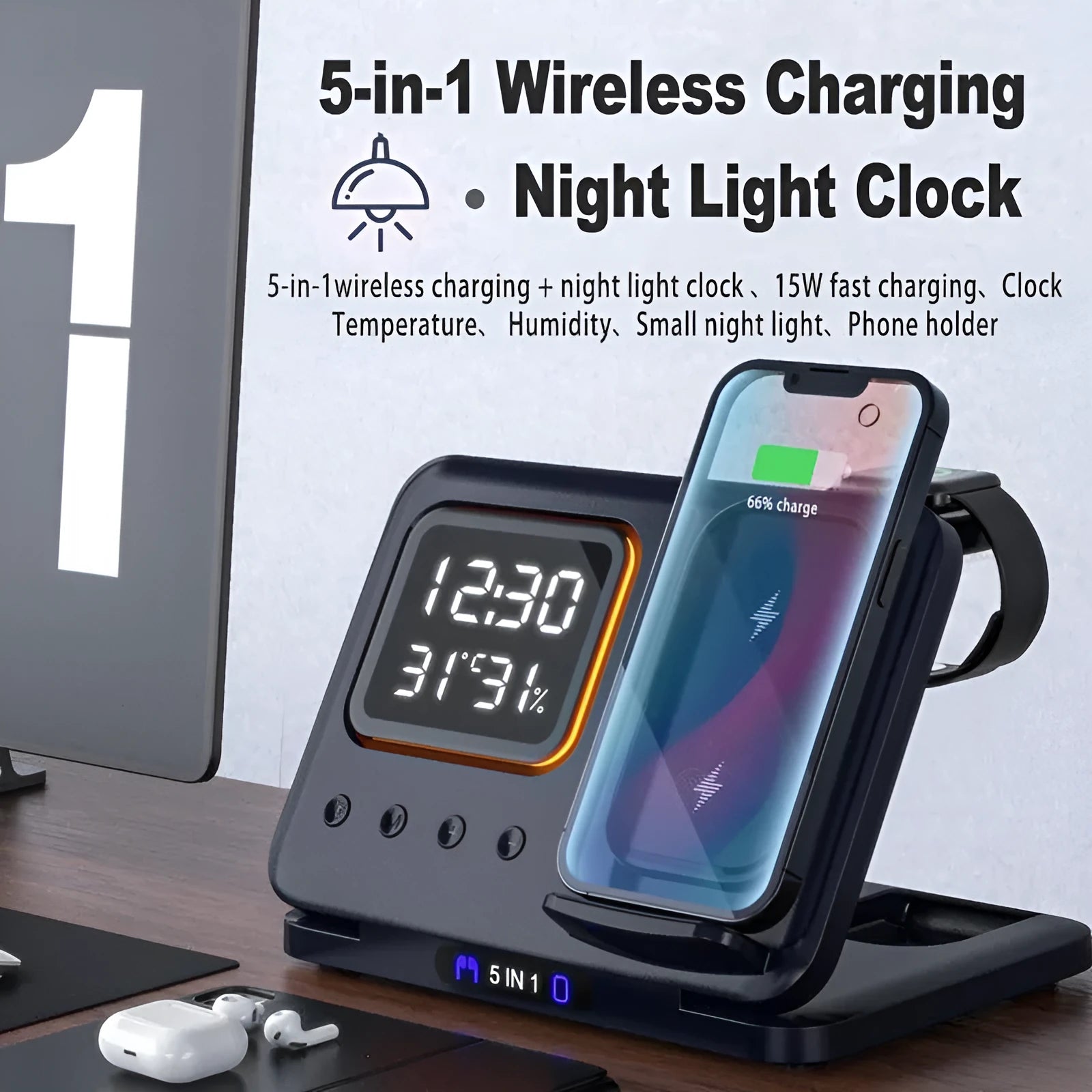 Black 5-in-1 wireless charging dock station showing phone, watch, and earbuds charging next to LED digital clock display.