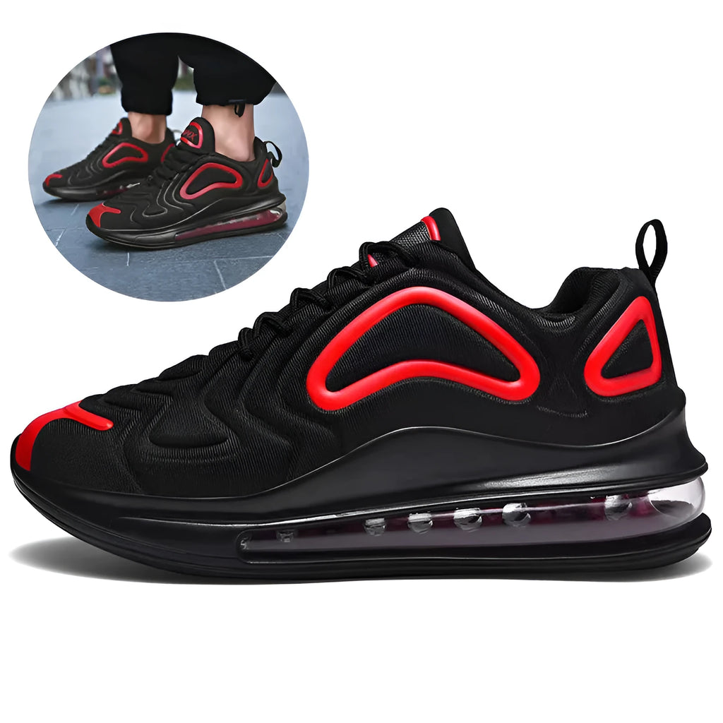 Men's black casual air cushion sneakers with thick sole and lace-up front.