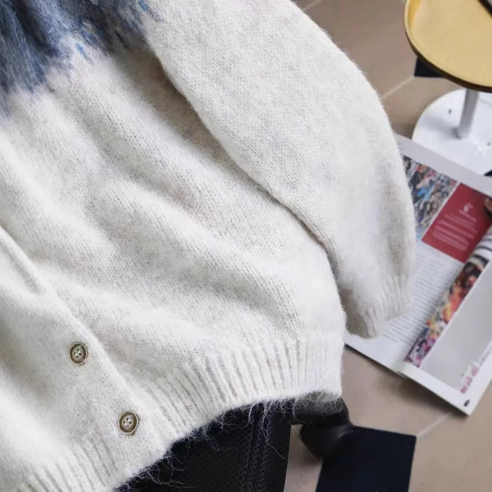 Women's loose fit jacquard knit sweater coat in milky white, shown front view.