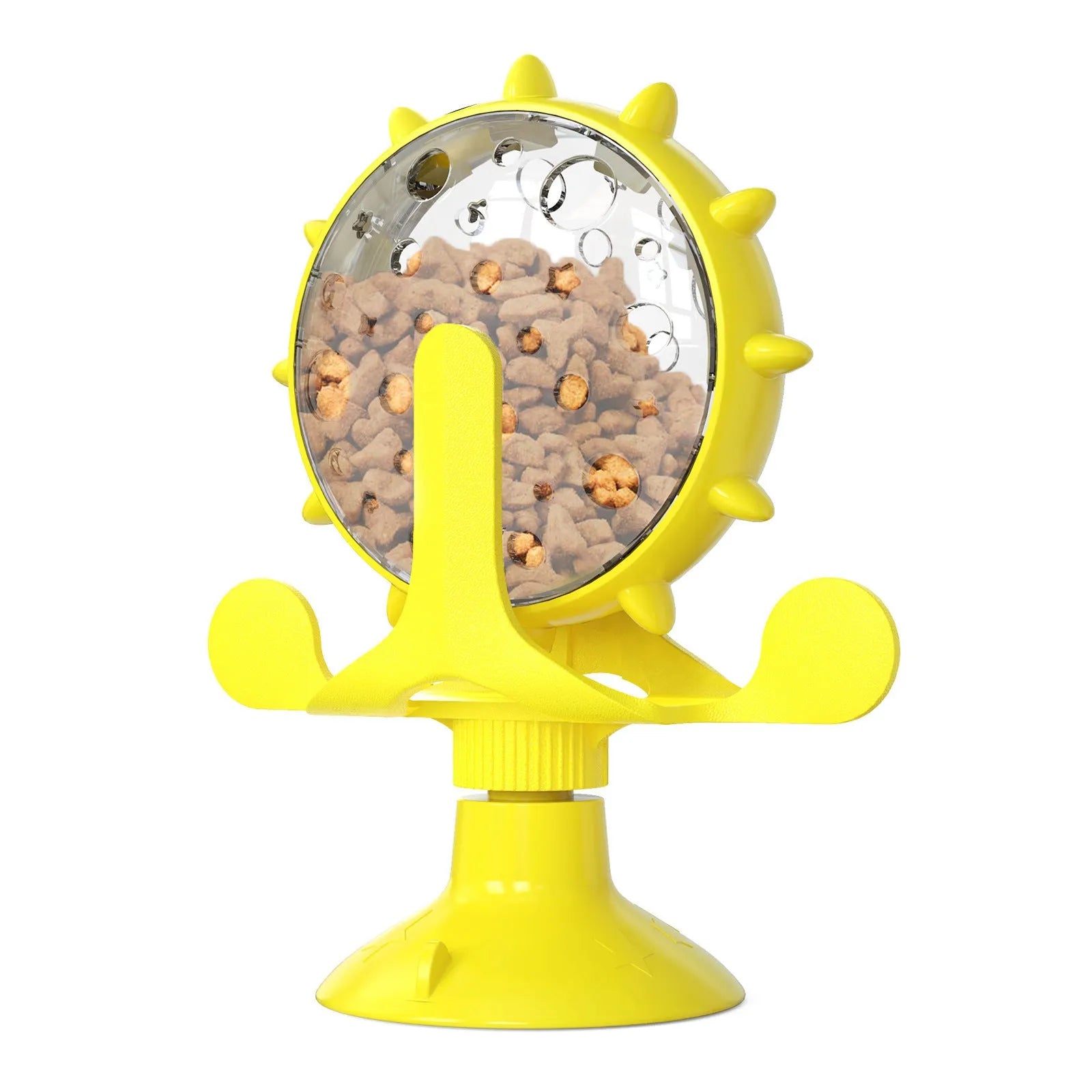 Interactive pet spinner toy with food dispenser holes and floor sucker base for cats and small medium dogs