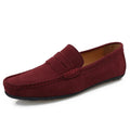 Men's solid-colour suede loafers with a round toe and flat rubber sole.