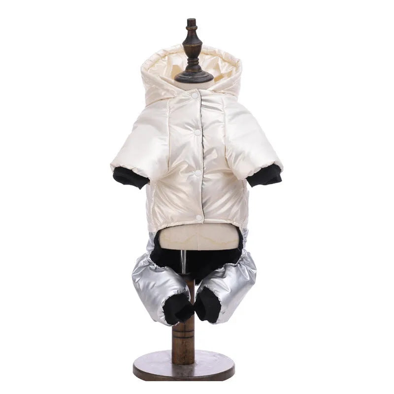 Green waterproof cotton padded dog coat on a large breed dog showing four-legged design.