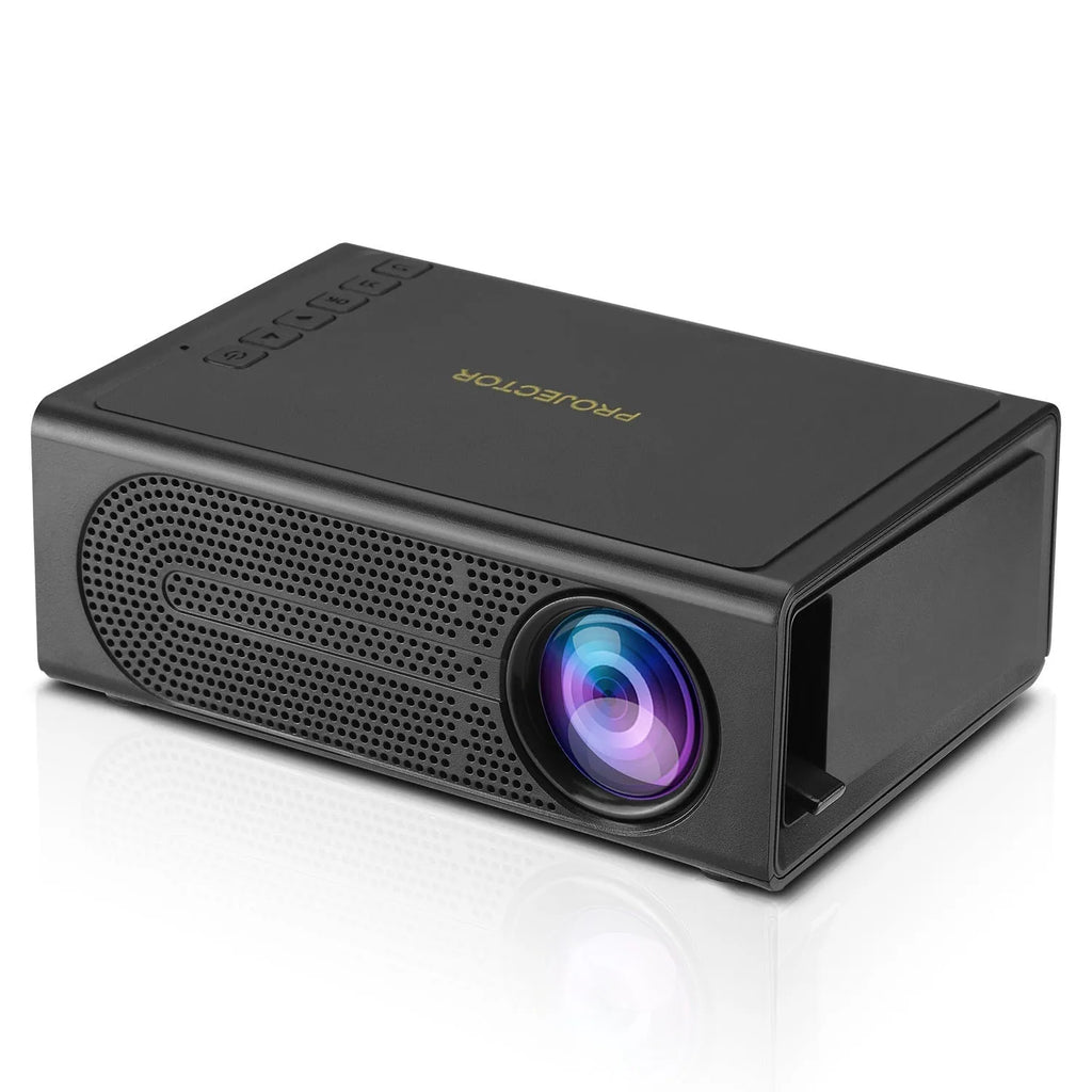 Portable mini projector in black or white colour with wired mobile phone connection and international plugs