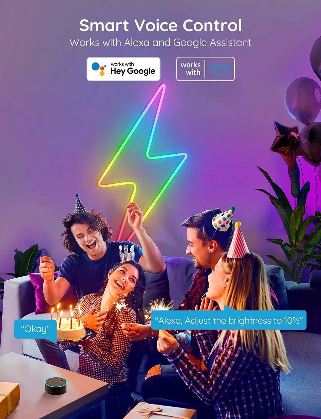24V RGBIC music neon light strip with Bluetooth and WiFi, 3 metre 252 LED option, multicolour display