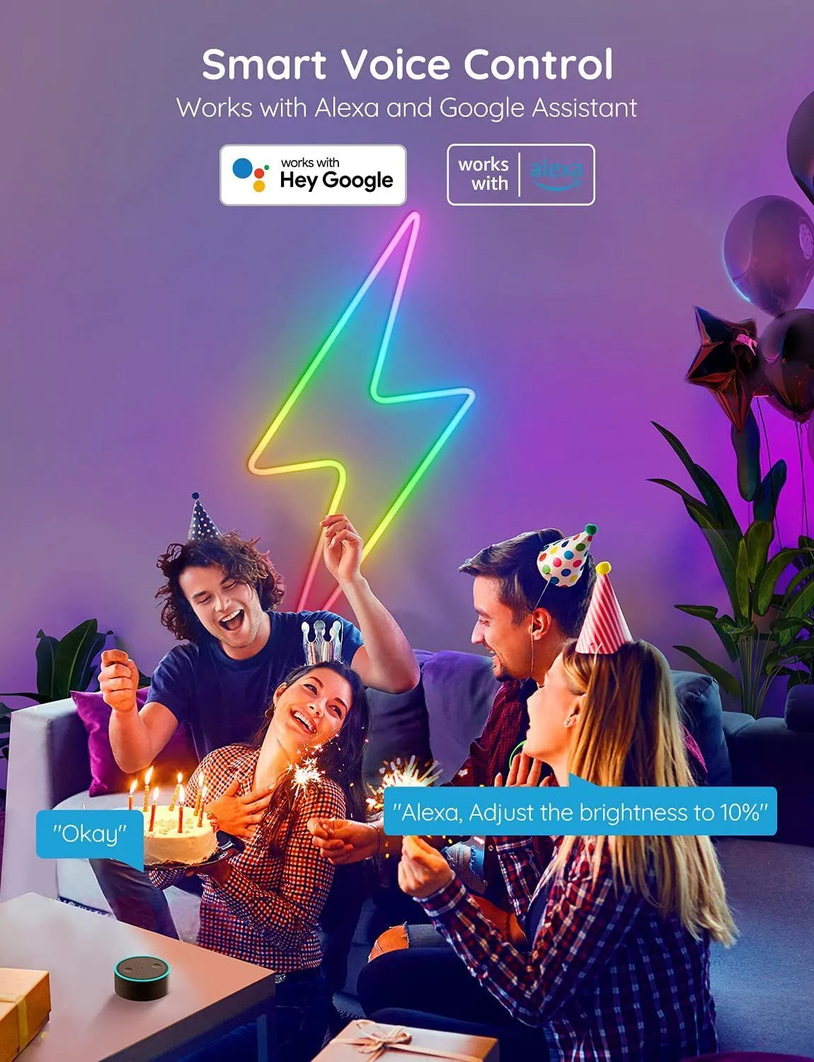 24V RGBIC music neon light strip with Bluetooth and WiFi, 3 metre 252 LED option, multicolour display