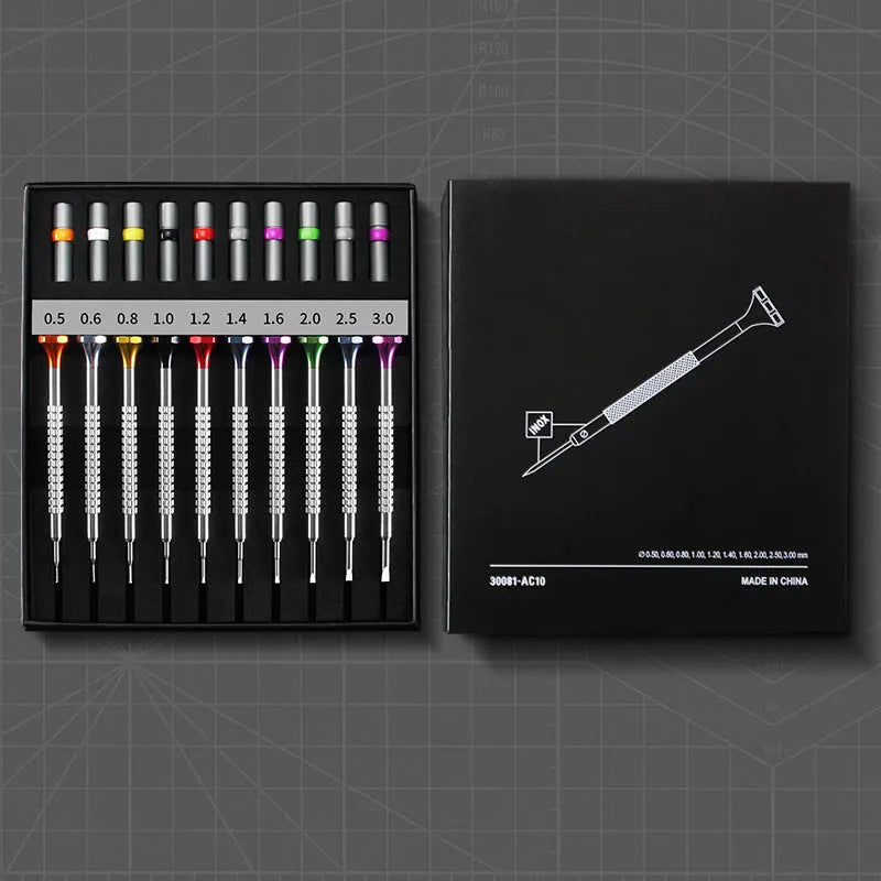 10-piece manual screwdriver set for watch repair with cross and straight heads and spare drill bits