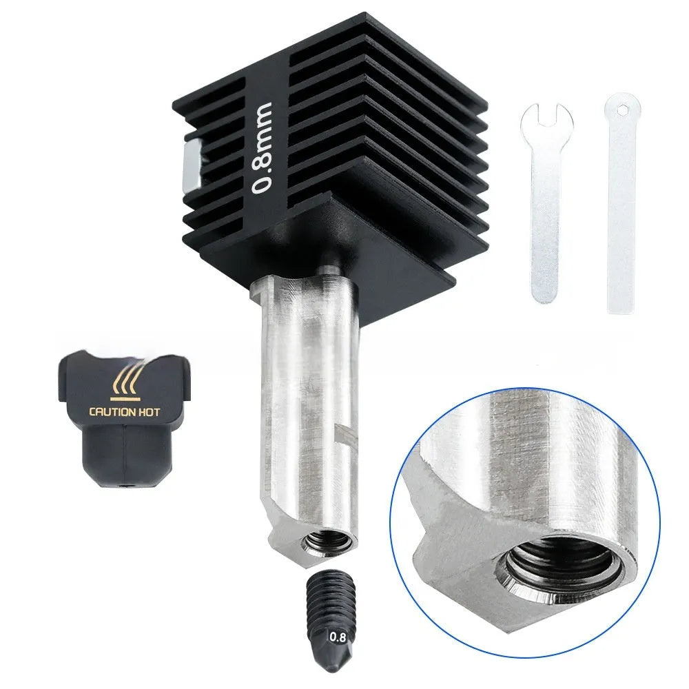 Bambu Lab A1 Mini hardened steel hot end assembly with four nozzle sizes and black silicone sleeve
