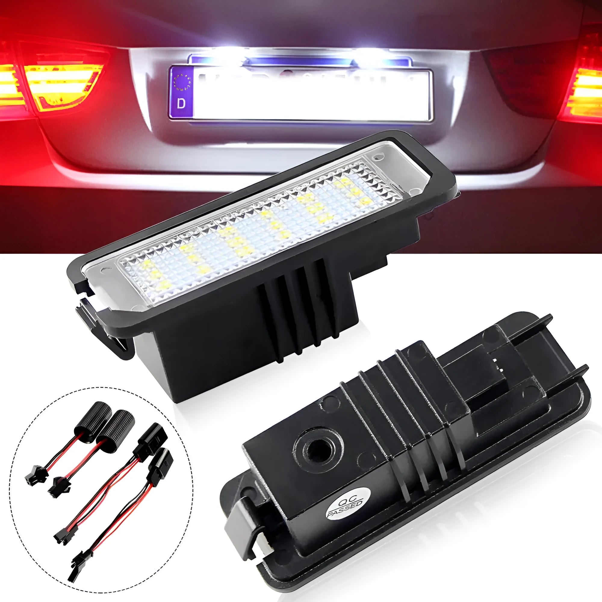 Volkswagen LED licence plate light kit for Golf, Polo, Phaeton models with 6000K white LEDs