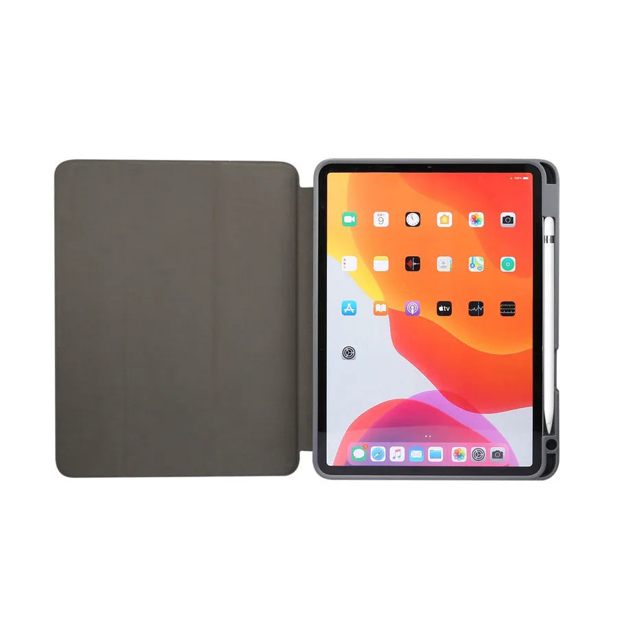 Tri-fold imitation leather iPad case in dark gray, showing pen slot and stand function.