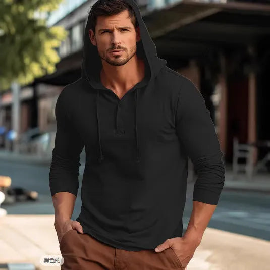 Casual cotton sports hoodie top in dark blue, showing front pullover design with hood and long sleeves.