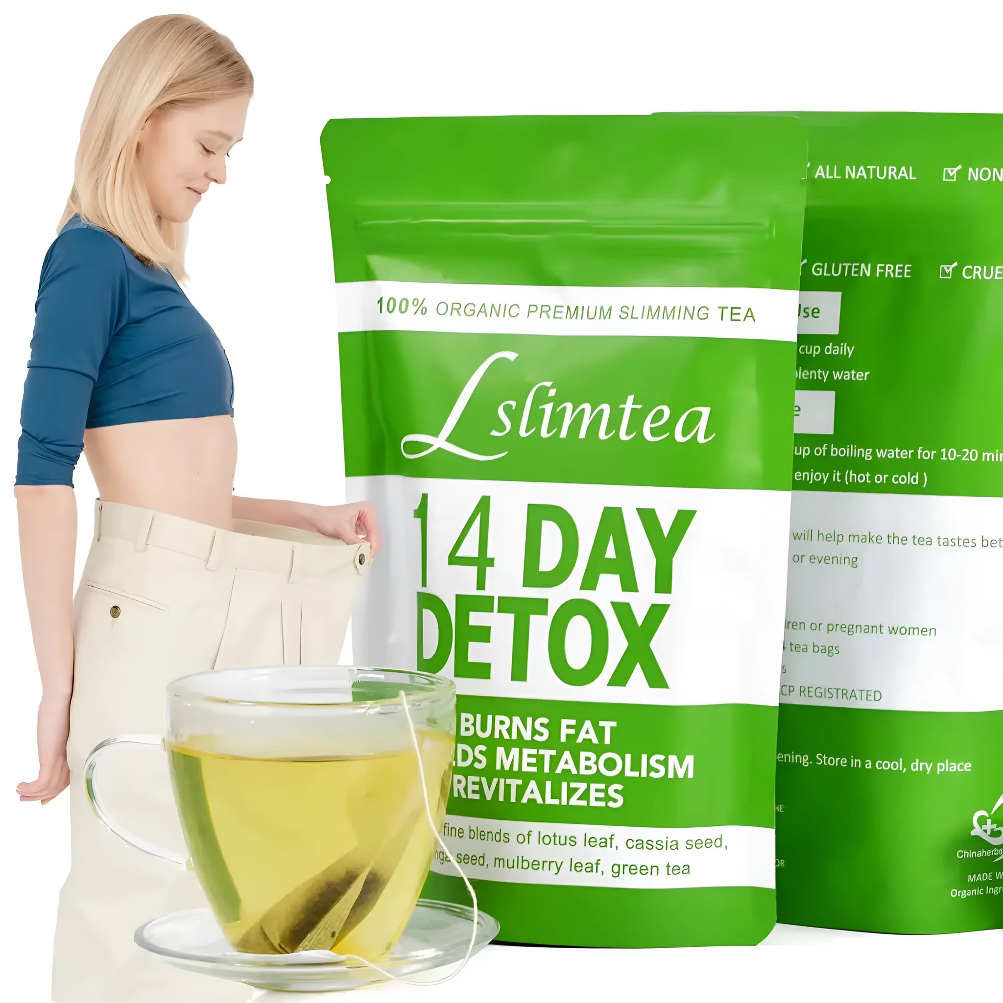14 day herbal detox tea pack with 14 individual 3g sachets containing nettle, dandelion, green tea and ginger blend
