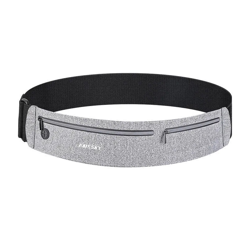 Black 8-inch waterproof waist bag made from chinlon Lycra for outdoor sports and fitness.