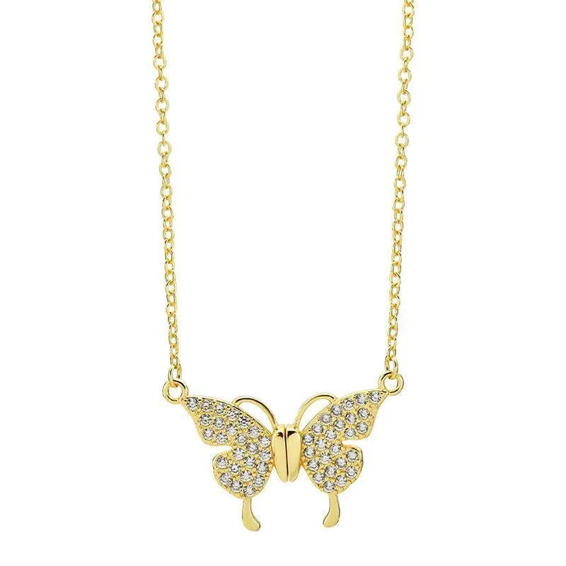 Gold titanium steel clavicle necklace with magnetic snap and butterfly pendant on twisted chain.