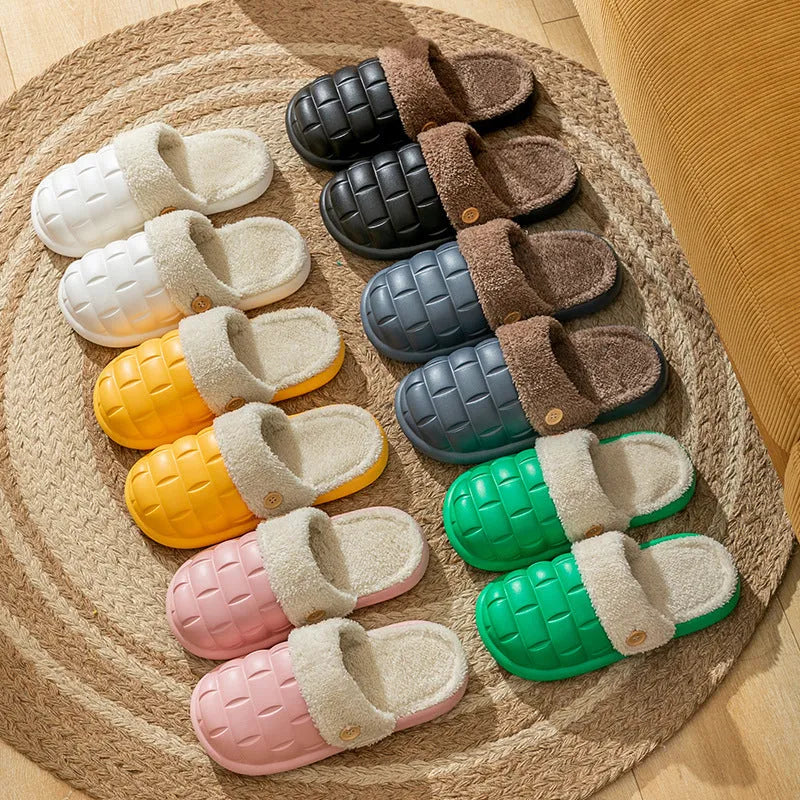 Women's pink and grey plaid detachable slippers with plush lining and a textured non-slip sole.