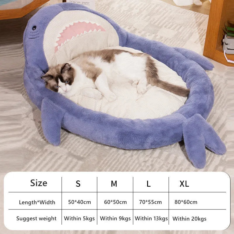 Shark pattern pet bed cushion in blue velvet, with thick padding, for small to medium dogs