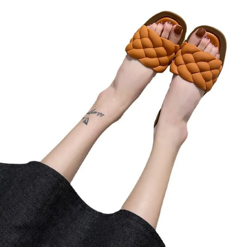 Women's plaid pattern beach sandals with anti-skid PVC soles in thick sole design