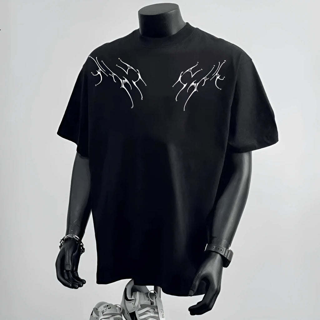 Men's black loose fit pure cotton short sleeve top with printed design for business casual wear