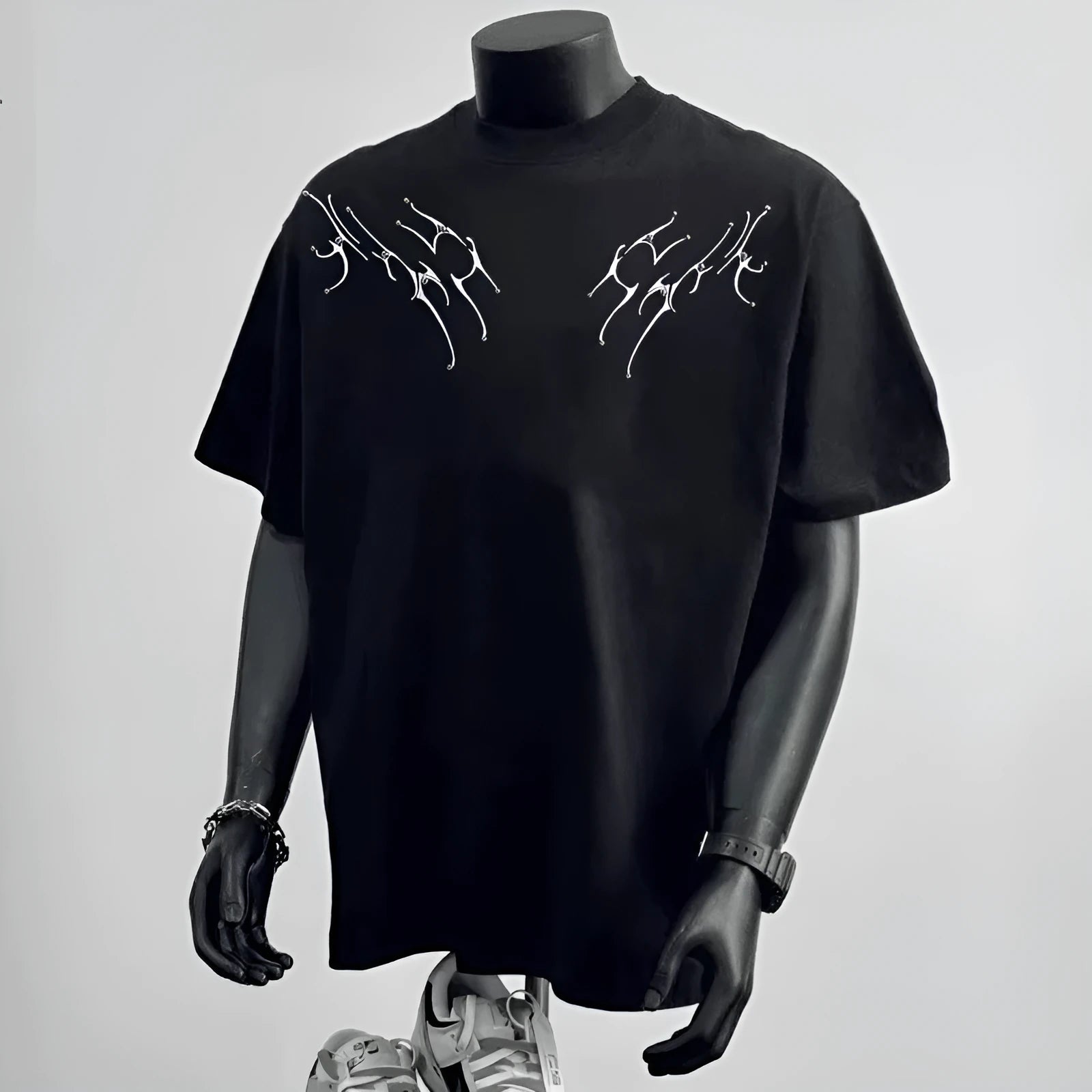 Men's black loose fit pure cotton short sleeve top with printed design for business casual wear