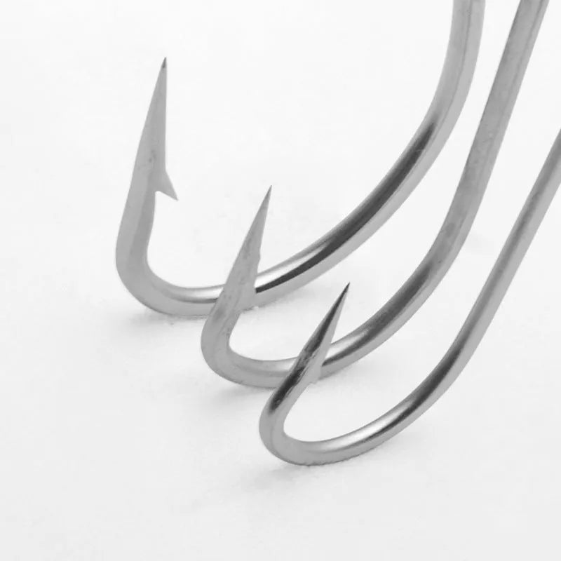 Assortment of stainless steel alloy sea fishing hooks for ocean boat fishing.
