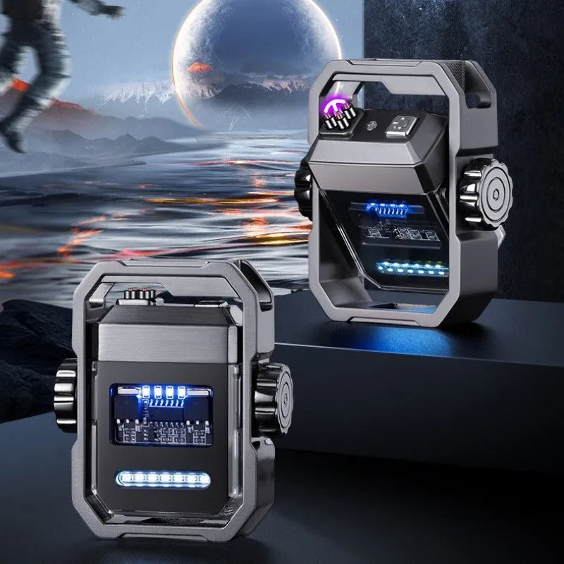 Blue folding electric arc lighter with a mechanical gyroscope, showing windproof double arcs and USB Type-C port.