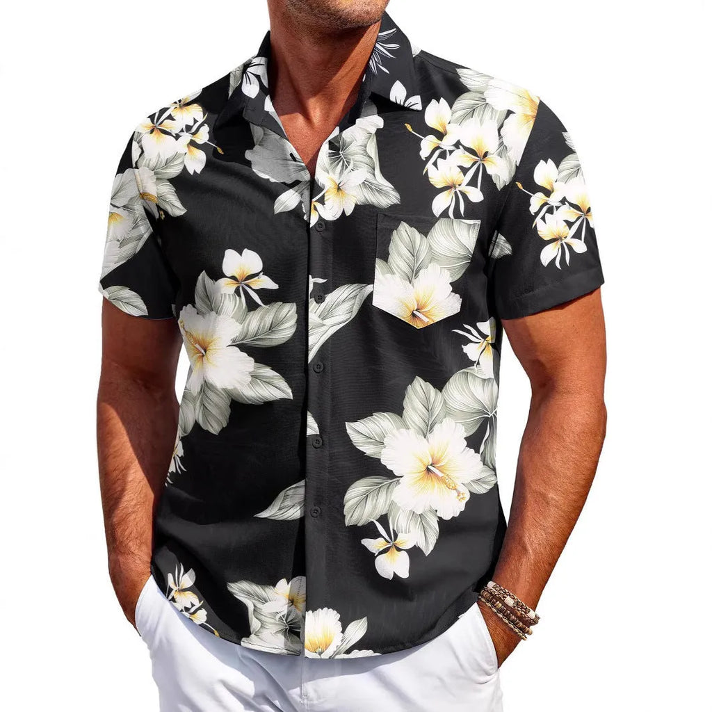 Men's slim fit short sleeve Hawaiian shirt in four-sided elastic polyester fabric for summer.