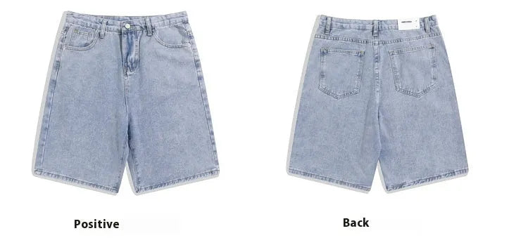 Men's light blue denim shorts with five pockets and a straight leg, shown on a hanger