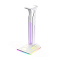 RGB headphone display stand with dual USB ports and colour changing lights on a desk