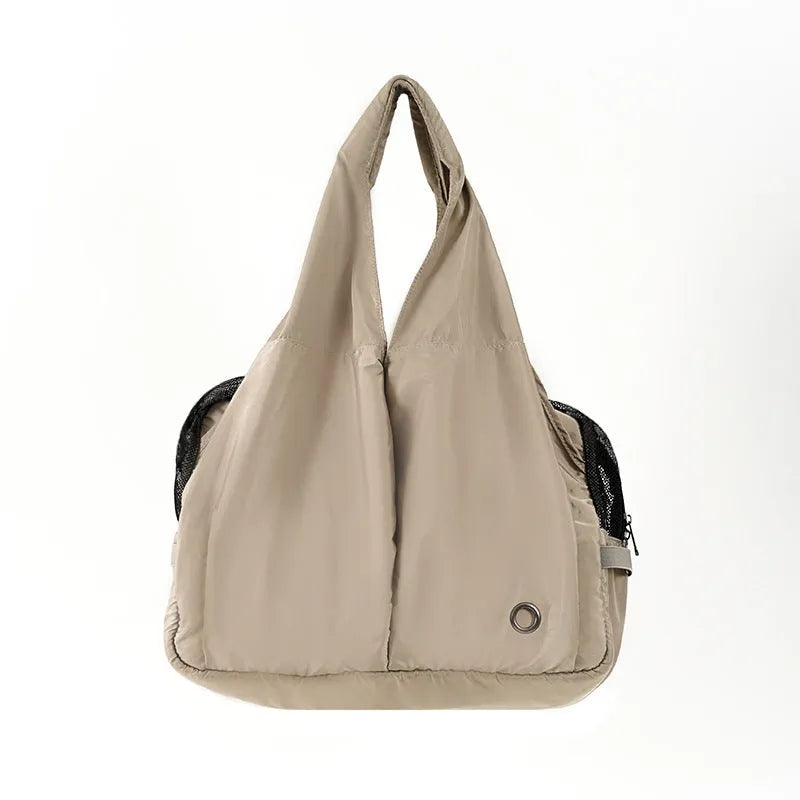 Apricot cloth pet summer handbag showing dimensions of 41cm length by 16cm width by 28cm height