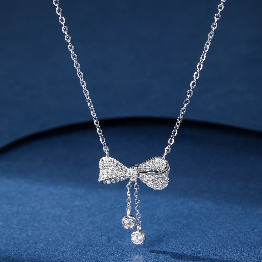 S925 sterling silver bow pendant necklace on adjustable O-ring chain