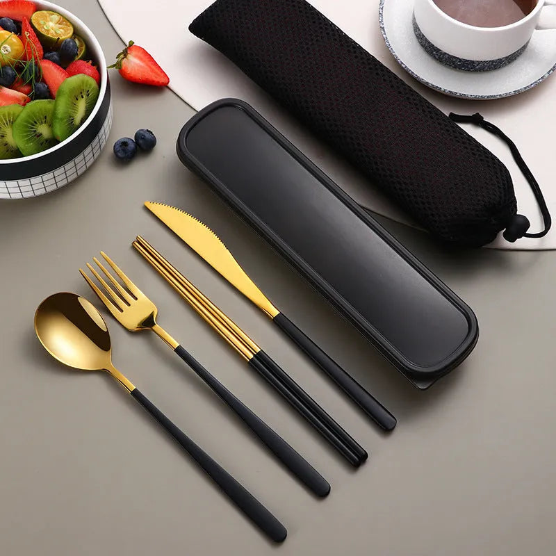 304 stainless steel portable cutlery set with knife fork spoon and gold mesh bag on table